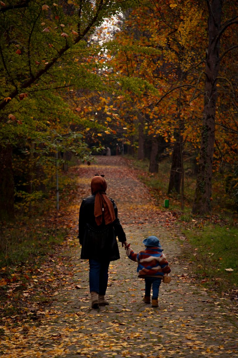 A mother and child walk hand in hand through a vibrant autumn forest in İstanbul. Une mère et un enfant se promènent main dans la main à travers une forêt d'automne vibrante à Istanbul.
